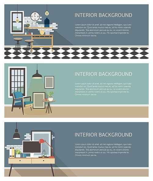 Modern interior banners set. Kitchen, living room, workplace in loft style. Colorful flat vector horizontal templates with place for text.