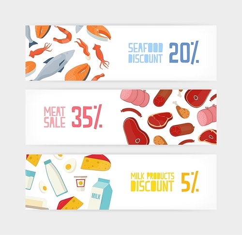 Collection of horizontal banner templates with fish, seafood, meat, milk or dairy products discount on white background. Flat vector illustration for grocery shop sale promotion, advertisement