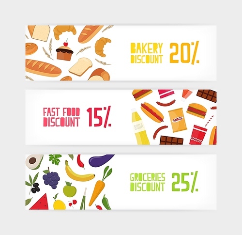 Bundle of horizontal banner templates with bakery, fast food or snacks and grocery products discount on white background. Colorful vector illustration for store sale promotion, advertisement