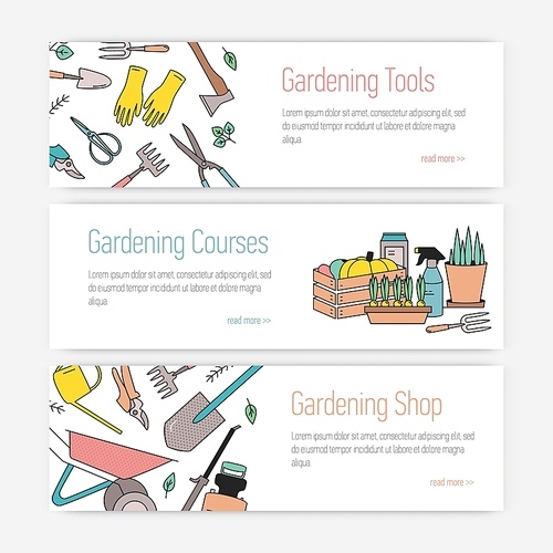 Set of web banner templates with gardening tools or equipment and place for text on white background. Modern colored vector illustration for agricultural courses or shop advertisement, promotion