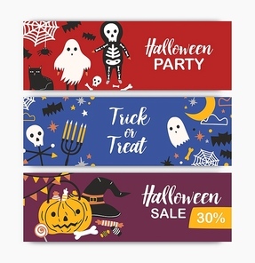 Collection of horizontal holiday web banner templates with Halloween characters. Colorful vector illustration in flat cartoon style for party announcement, festive sale promotion or advertisement.