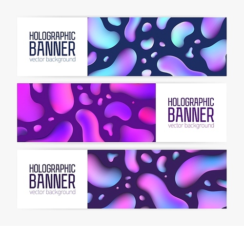 Collection of trendy horizontal banner templates with fantastic holographic texture, neon colored bubbles and place for text. Set of futuristic backdrops. Colored vector illustration in hipster style.