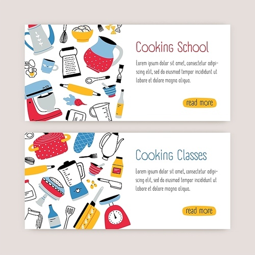 Bundle of modern web banner templates with kitchen utensils, tools and place for text. Colorful vector illustration in flat style for cooking school, classes or lessons advertisement, promotion