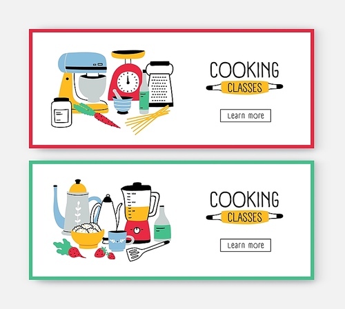 Set of web banner templates with kitchen utensils, tools for food preparation and place for text. Colored vector illustration in flat style for advertisement of cooking school, classes or lessons