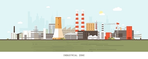 Industrial site or zone with factories, manufacturing plants, power stations, warehouses, cooling towers against city buildings on background. Flat cartoon colorful vector illustration for banner.