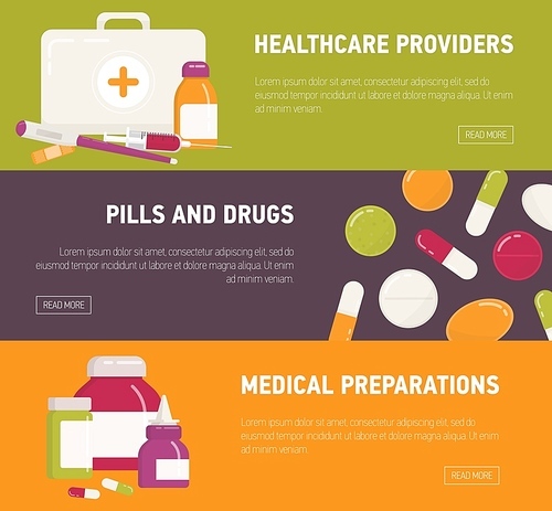 Collection of horizontal web banner templates with first aid kit, pills, medicines, medications and medical tools. Flat colorful vector illustration for online drugstore or pharmacy advertisement