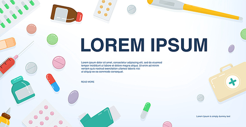 Pharmacy concept banner with place for text. Colorful horizontal background with pills and drugs. Vector medical illustration in flat style