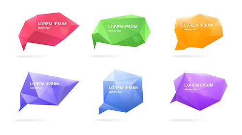 Abstract polygonal speech bubbles set. 3d figures with place for text. Colorful vector illustrations