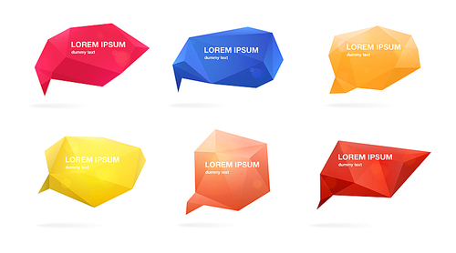 Abstract polygonal speech bubbles set. 3d figures with place for text. Colorful vector illustrations