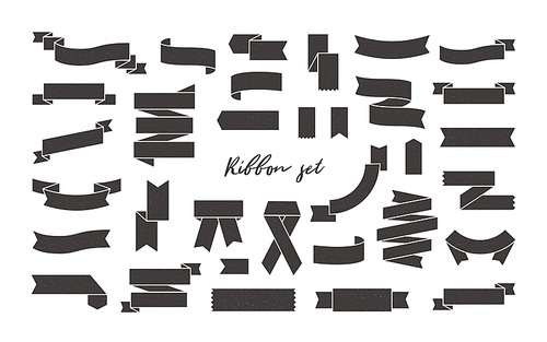 Collection of black ribbon banners, wavy and folded tapes, bookmarks and flags isolated on white . Bundle of decorative design elements. Monochrome vector illustration in flat style