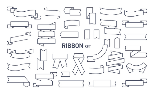 Collection of various ribbons drawn with black contour lines. Bundle of decorative tapes, bands or strips folded in different way and isolated on white . Monochrome vector illustration