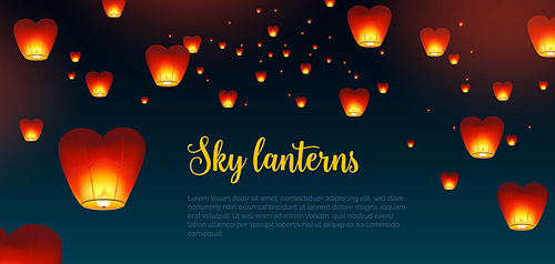 Beautiful horizontal background with Kongming Chinese lanterns and place for text. Backdrop with traditional asian festival airborne decorations in dark night sky. Colorful vector illustration