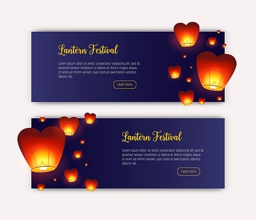 Collection of web banner templates with glowing Kongming lanterns flying in evening sky and place for text. Colored vector illustration for traditional Chinese holiday event or festival advertising