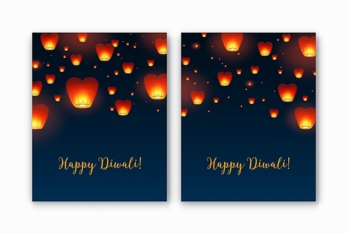 bundle of flyer or poster templates with kongming lanterns flying in evening sky. colorful vector illustration for traditional diwali, yee peng and chinese 중추절s, holiday celebration