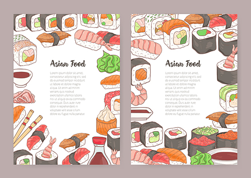 Set of templates with place for text in center and colorful frame consisted of different kinds of sushi, rolls, soy sauce. Vector illustration for menu, flyer, advertisement of Japanese restaurant