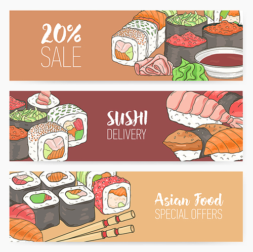 Colorful horizontal banner templates with hand drawn Japanese sushi, rolls, sashimi wasabi, chopsticks. Dining special offers and deals. Vector illustration for Asian restaurant advertisement