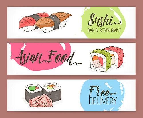 Bright colored horizontal banner templates with hand drawn sushi, rolls and ginger on white background. Vector illustration for Japanese restaurant advertisement, Asian food delivery servic