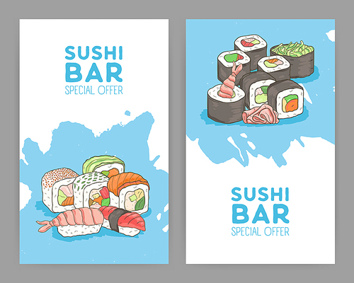 Set of modern bright colored flyer templates for Asian food restaurant with appetizing Japanese sushi and rolls on blue and white background. Special offer advertisement. Vector illustration