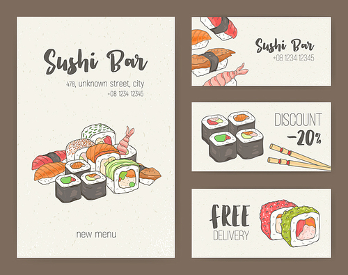 Collection of colorful flyer templates with Japanese sushi and rolls. Special dining offers, discounts and deals. Vector illustration for Asian restaurant or food delivery service advertisement