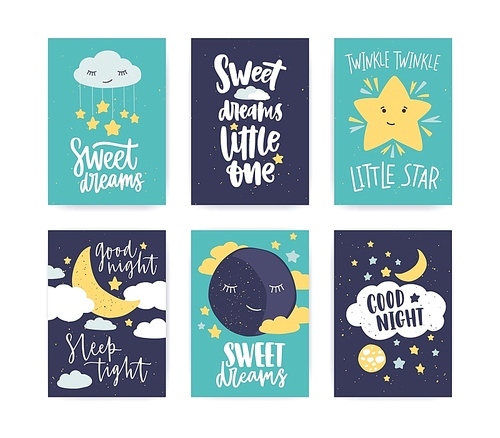 Bundle of colorful poster or flyer templates with Good Night and Sweet Dreams wishes with elegant lettering handwritten with calligraphic cursive font, clouds and stars. Flat vector illustration.