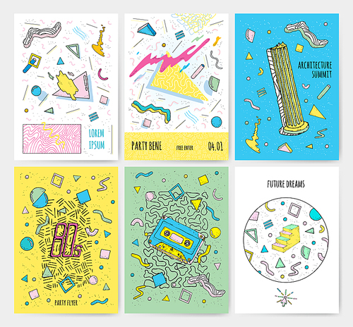 Set of abstract modern cards templates with isolated geometric elements. Collection style poster. Trendy 80s-90s colors