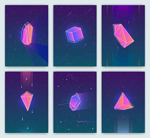 Bright backgrounds with retro futuristic neon space and crystals. Trendy posters of 80s style. vector cards collection