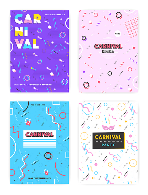 carnival poster set, abstract 80s, 90s style retro background collection with place for text.