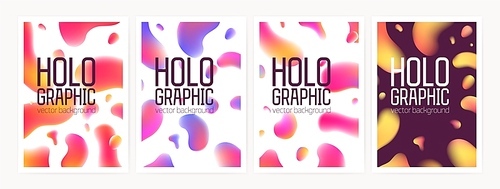 Bundle of vertical holographic backgrounds or backdrops with abstract geometric shapes or gradient colored stains. Set of poster, flyer or card templates. Colorful vector illustration in modern style.