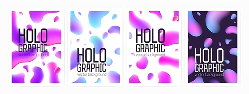 Collection of stylish holographic backgrounds or backdrops with abstract shapes or gradient colored rounded stains and place for text. Colorful vector illustration for poster, flyer, postcard.