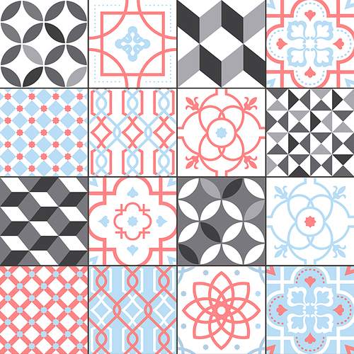 Different tiles pattern collection. Colorful and monochrome tracery set. Traditional and modern ornament vector illustration