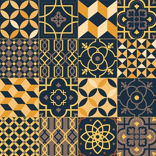 Set of square ceramic tiles with elegant traditional oriental patterns. Bundle of decorative ornaments, ornamental weaving textures in yellow and black colors. Vector illustration in flat style