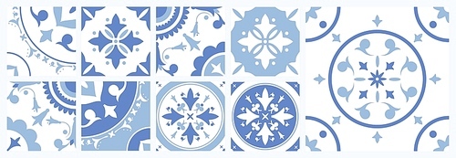 Bundle of ceramic square tiles with various traditional oriental patterns. Set of mediterranean decorative ornaments in blue and white colors. Vector illustration in vintage Azulejo or Moroccan style