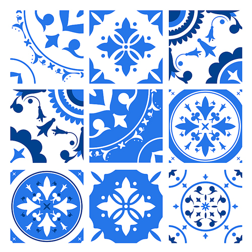 Collection of ceramic tiles with different traditional oriental patterns and antique decorative ornaments in blue and white colors. Vector illustration in vintage azulejo or victorian style.
