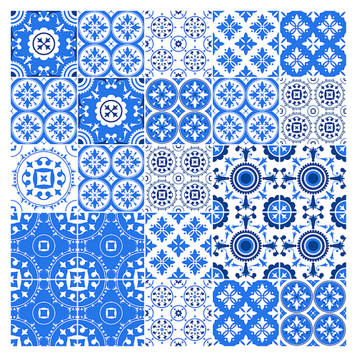 Majolica tile collection azulejo design. Blue pattern with national ornate set. Vector illustration