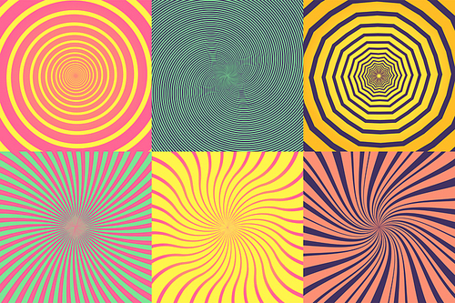 Set of different psychedelic spiral, vortex, twirl. Vector colorful backgrounds collection
