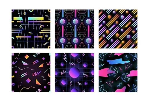 Bundle of retro futuristic seamless pattern with glowing gradient colored geometric shapes and lines against black background. Vector illustration in trendy style for wrapping paper, fabric