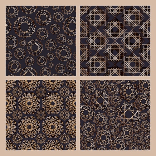 Collection of abstract seamless patterns with various geometric shapes drawn with contour lines on dark background. Vector illustration for wallpaper, wrapping paper, textile print, backdrop.