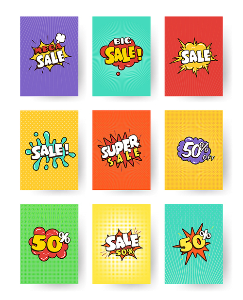 Collection advertising banner, flyer, card. Set of promotional labels with lettering sale, discount. pop art, comic style vector illustration.