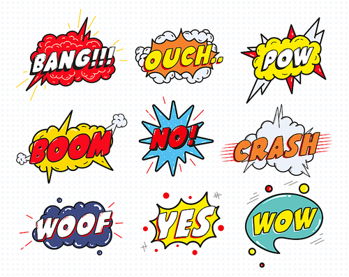 Comic sound speech effect bubbles set isolated on white  vector illustration. Wow,pow,bang,ouch,crash,woof,no,yes lettering.