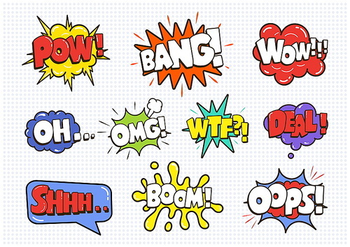 Comic sound speech effect bubbles set isolated on white  vector illustration. Wow,pow,bang,oh,omg,wtf,deal,shhh,boomoops lettering