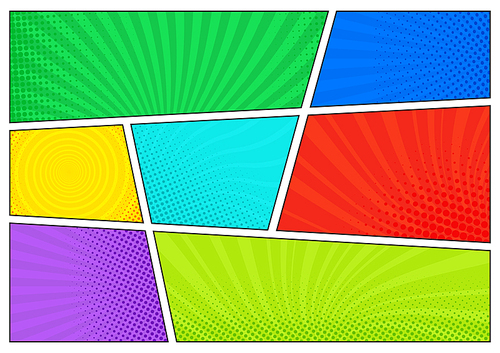 Horizontal comics backdrop. Bright template with cells, halftone effects and rays. Vector colorful background in pop-art style