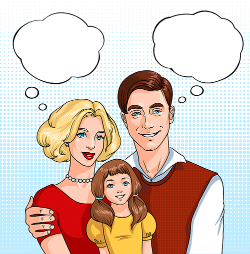 Happy family. father, mother and daughter with sound clouds. pop art illustration at comics style