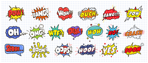 Comic sound speech effect bubbles set isolated on white  illustration. Wow, pow, bang, ouch, crash, woof, no, yes, boom, oh omg wtf deal oops inscriptions