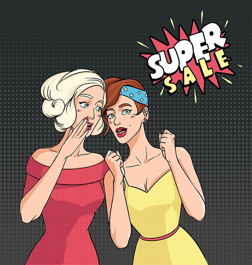 Advertising poster with two girls. Beautiful girlfriends talking and speech bubble with inscription super sale. Colorful comics vector illustration in pop art style