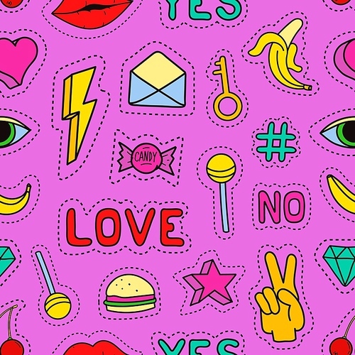 Bright colored seamless pattern with various patches or badges on pink background - eye, candy, lollipop, yes and no words, key, lightning, banana. Vector illustration in trendy hipster style.