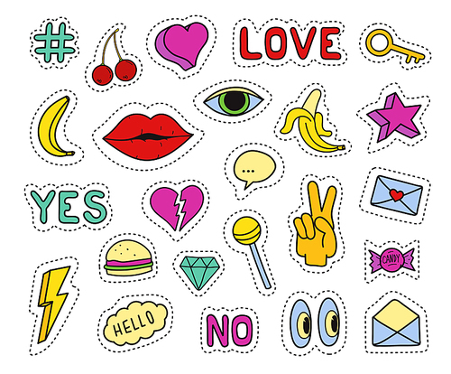 Set of fashion patches. Different badges and pins. Hearts, lips, cherry, banana, eye, key, lollipop, hashtags and diamond icons. Trendy vector pictograms in cartoon 80s-90s comic style