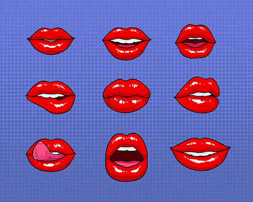 Set of different female red lips. Fashion patches elements, badges collection. Comics mouth with smile, tongue, teeth,  on purple background. Vector colorful illustration in pop art style
