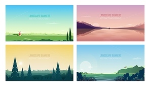 Collection of horizontal banner templates with spectacular natural landscapes or sceneries. Bundle of beautiful backgrounds with forest trees, mountains, sea, sky. Modern vector illustration.
