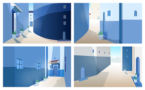 Collection of beautiful Morocco landscapes with building walls, doors of traditional shape, outdoor plants growing in pots. Set of gorgeous street views of ancient Moroccan city. Vector illustration