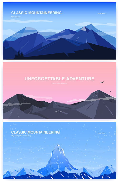 Set of horizontal background with mountains. mountaineering concept with place for text, Banner in cartoon, flat style. Colorful illustration.